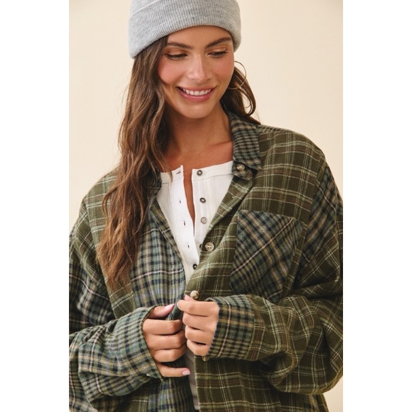 Olive Green Kambrie Button Down Plaid Patchwork Flannel Casual Shirt - Picture 2 of 9